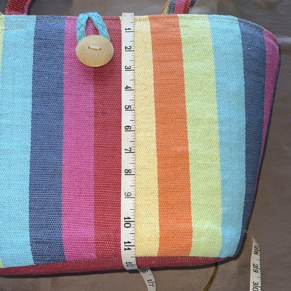 Colorful Rainbow Candy Stripe Bucket Tote Bag Woven Cotton Wood Button Accent - Picture 5 of 11